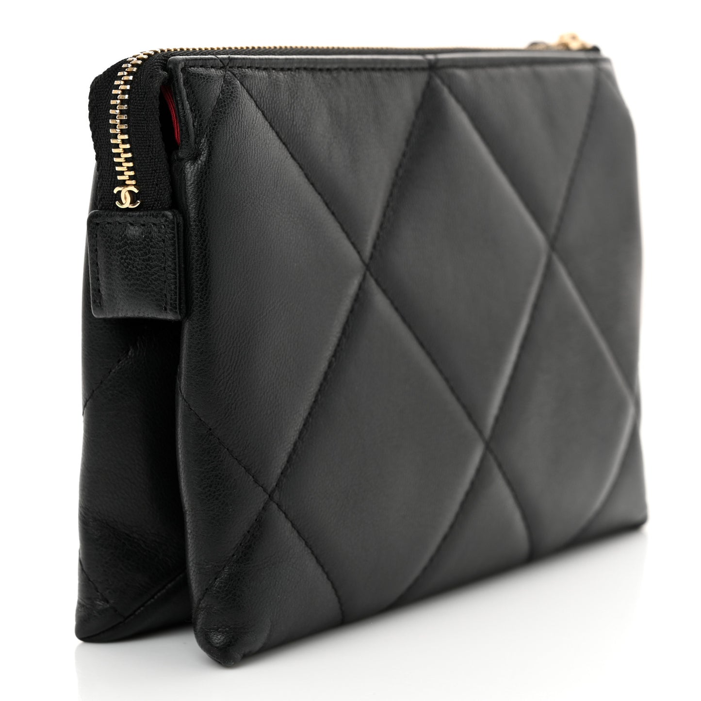 Shiny Goatskin Quilted Small Chanel 19 Pouch With Handle Black