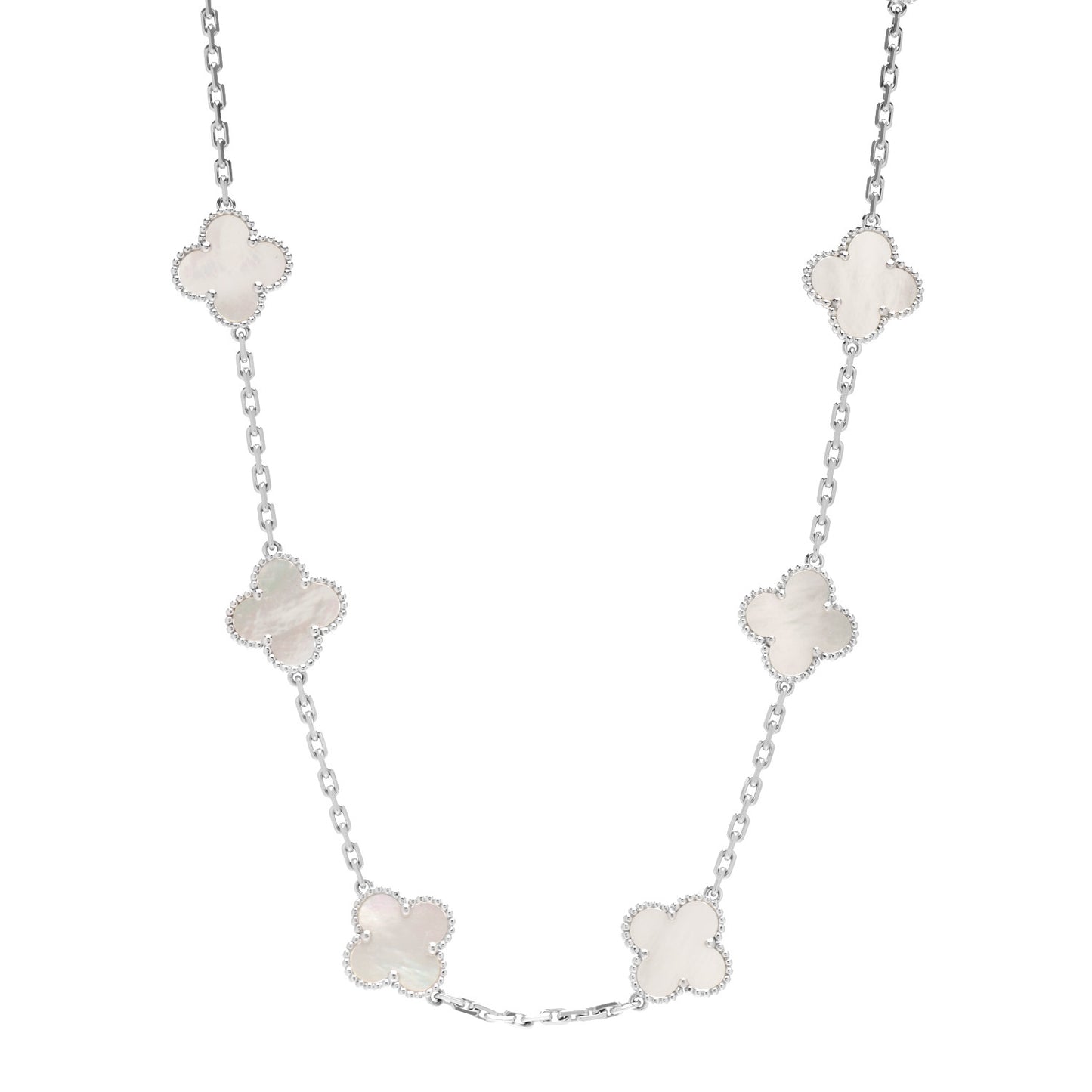18K White Gold Mother of Pearl 10 Motifs Vintage Alhambra Necklace