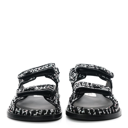 Chanel Tweed Velcro Dad Sandals 36.5 Black White 2 of 9