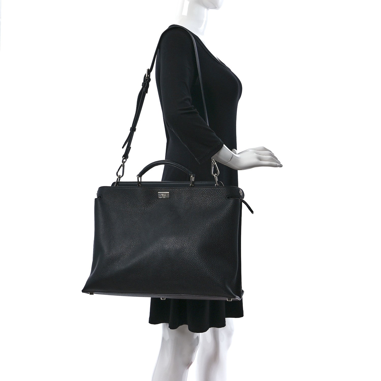 Fendi Cuoio Romano Selleria Vitello Grace Glazed Fabric FF 1974 Large Peekaboo Iconic Essential Satchel Black 2 of 7