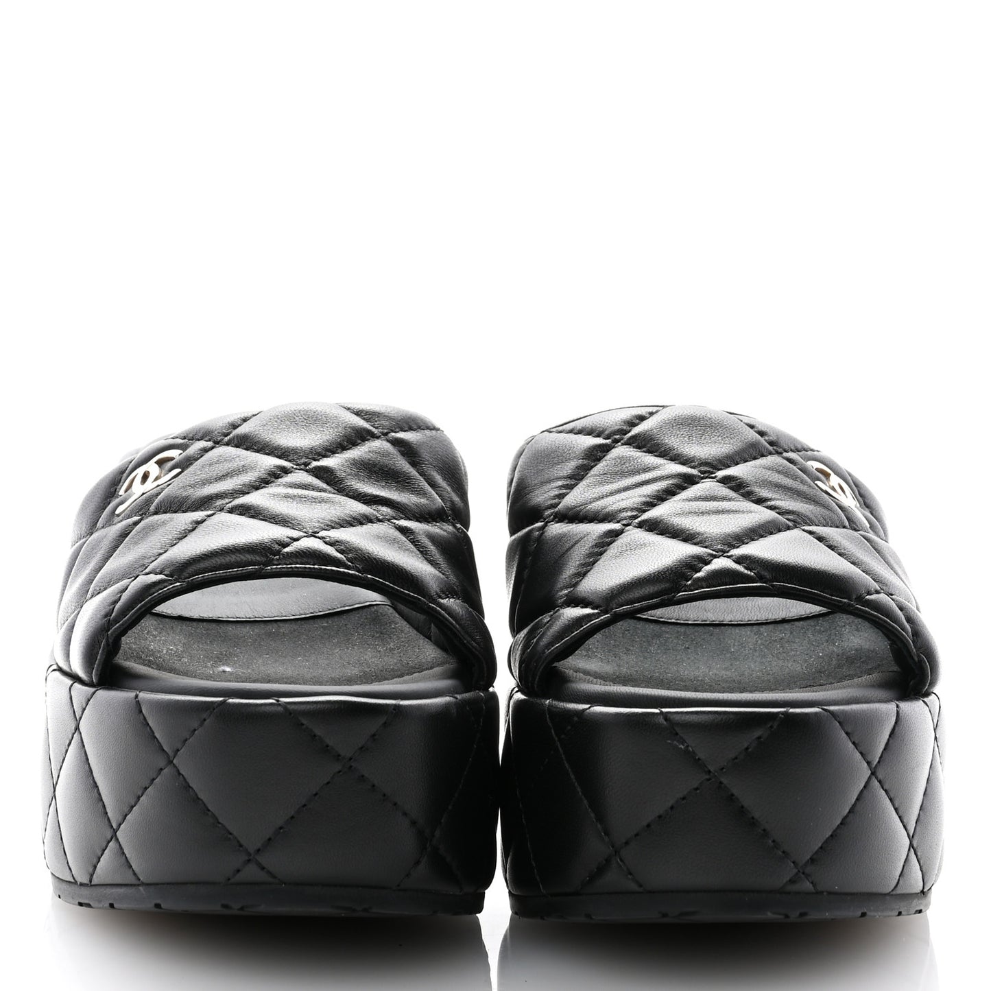 Lambskin Quilted CC Mules Wedge Sandals 35 Black