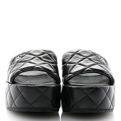 Chanel Lambskin Quilted CC Mules Wedge Sandals 35 Black 2 of 8