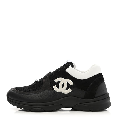 Chanel Mesh Suede Grained Calfskin Womens CC Sneakers 38.5 Black White 1 of 9