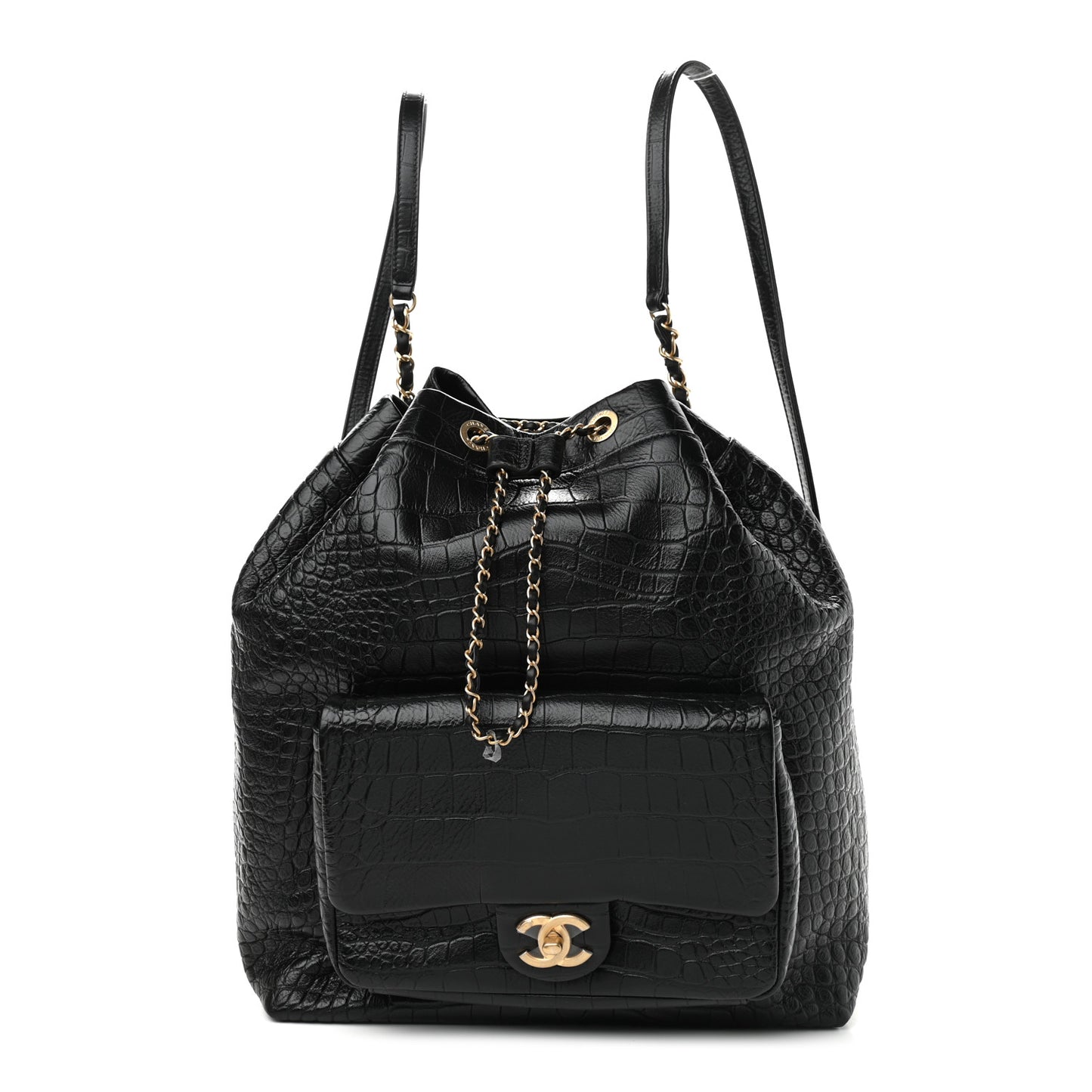 Calfskin Crocodile Embossed Large Backpack Black