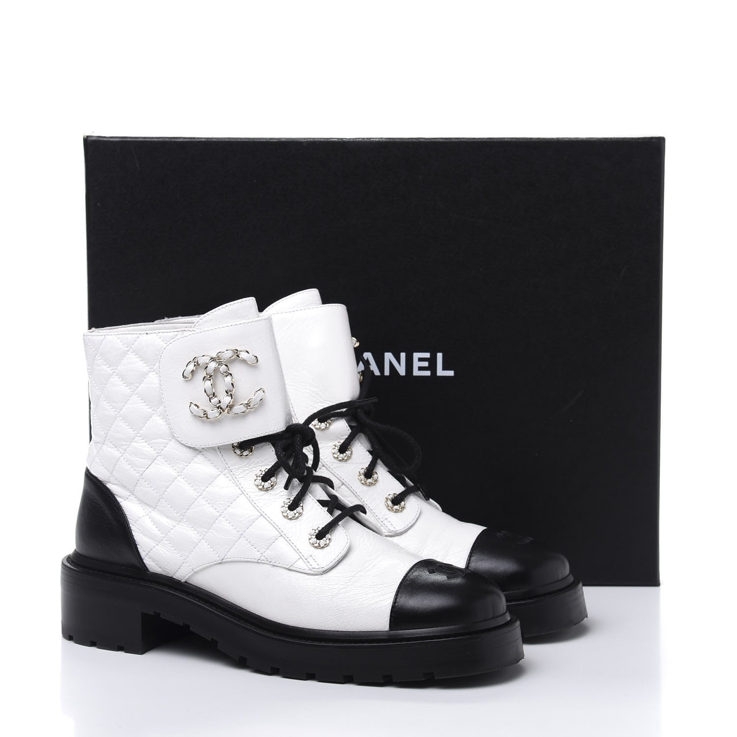 Chanel Shiny Goatskin Calfskin Quilted Lace Up Combat Boots 41 Black White 9 of 9