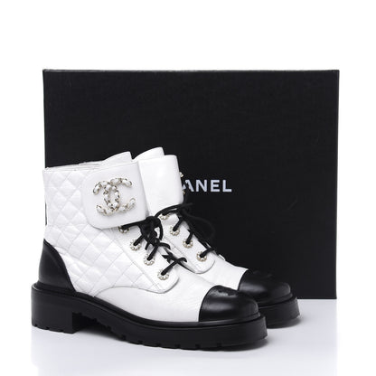 Chanel Shiny Goatskin Calfskin Quilted Lace Up Combat Boots 41 Black White 9 of 9