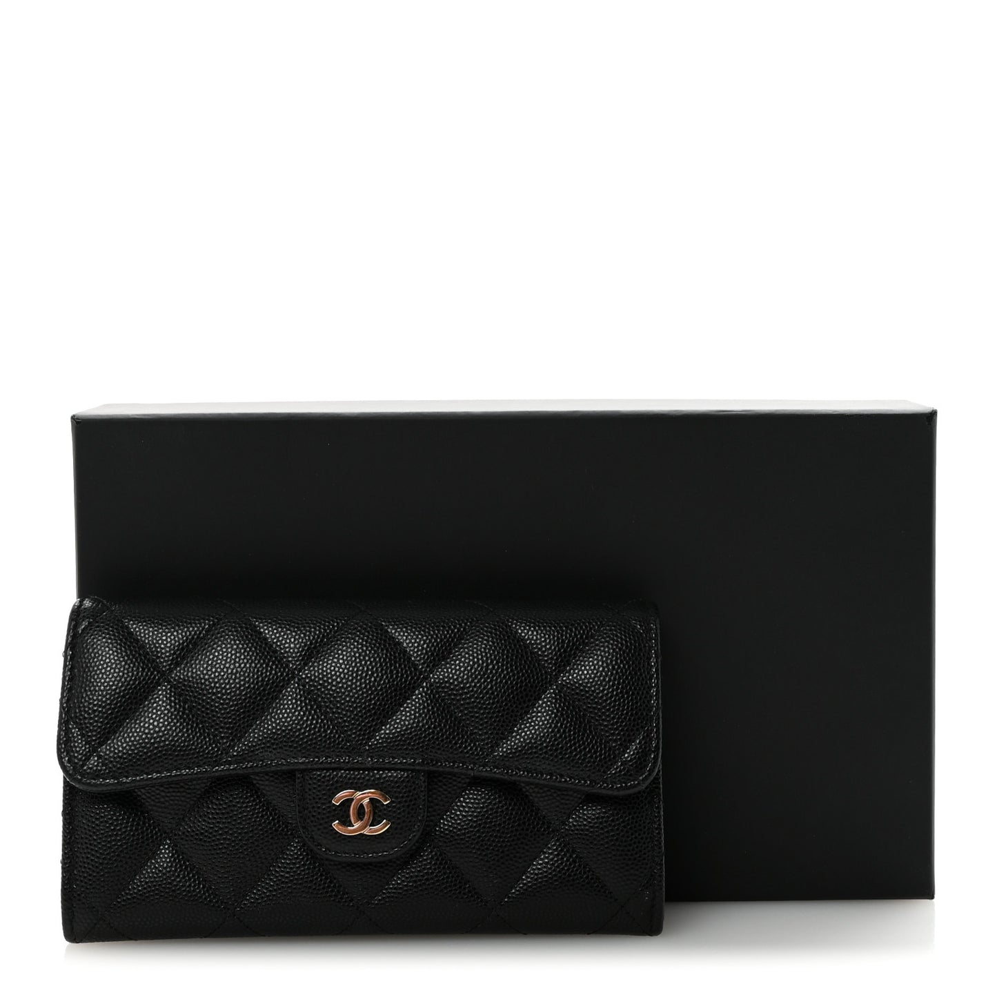 Caviar Quilted Medium Gusset Flap Wallet Black