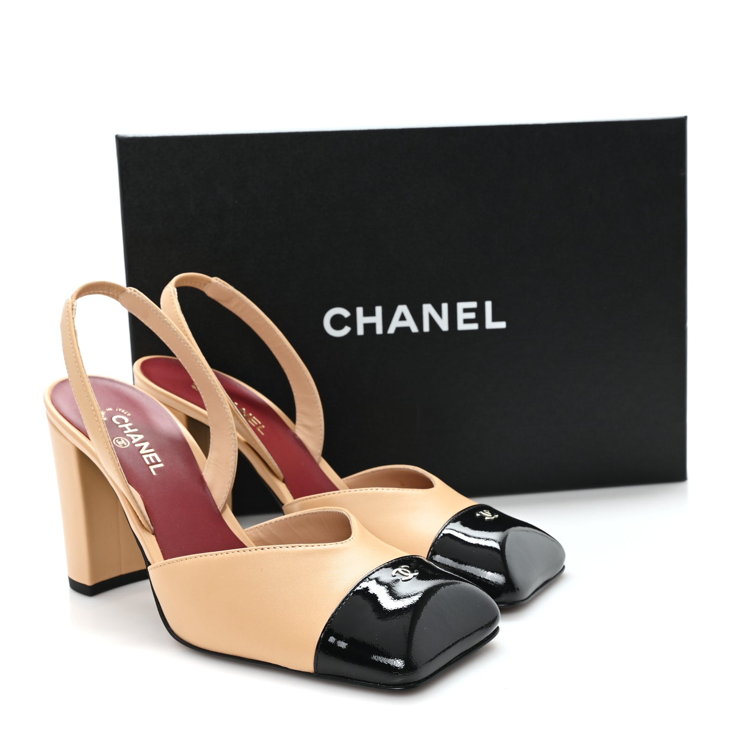 Lambskin Patent Calfskin Cap Toe CC Slingback Pumps 37 Beige Black
