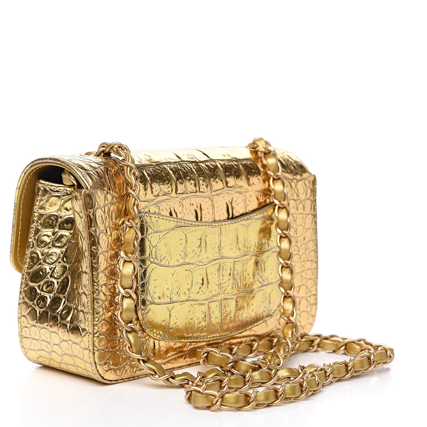 Chanel Metallic Calfskin Crocodile Embossed Rectangular Mini Flap Gold 4 of 10