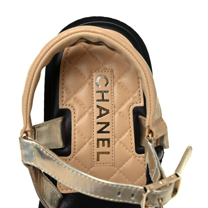 Chanel Lambskin Logo Platform Sandals 39 Beige Gold White 7 of 9
