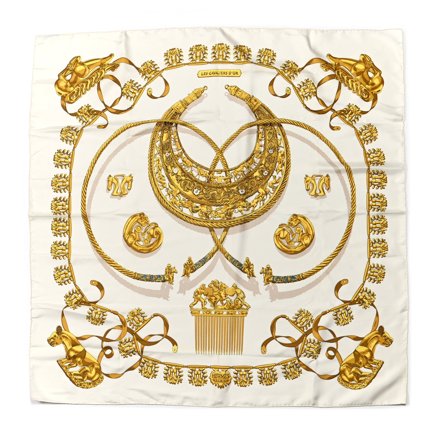 Hermes Silk Mousseline Les Cavaliers D'Or Scarf 90 1 of 6