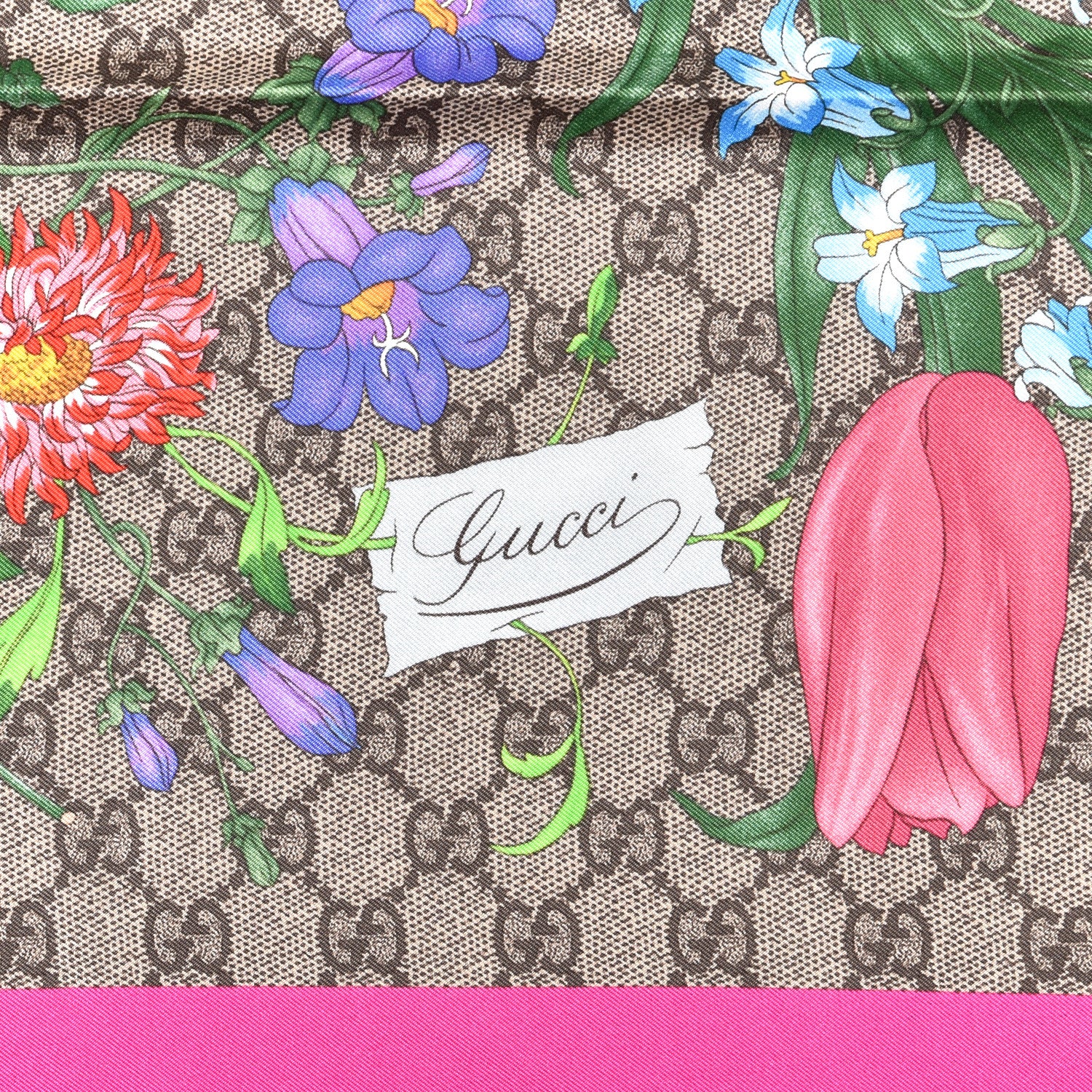 Gucci Silk Twill GG Monogram Flora Fluo GG Square Scarf Beige Pink 2 of 4