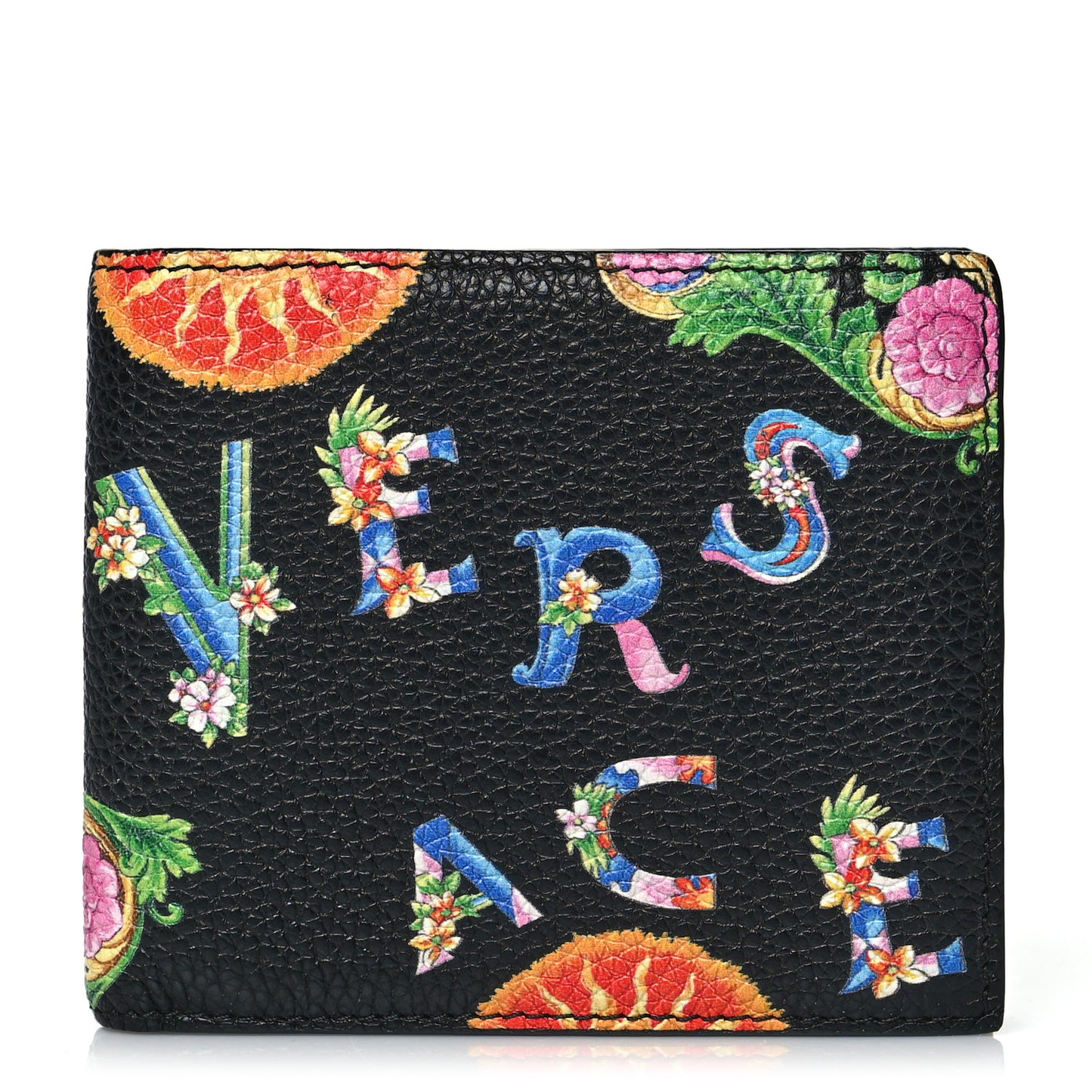 Grained Calfskin Beverly Palm Print Bi-Fold Wallet Black Multicolor