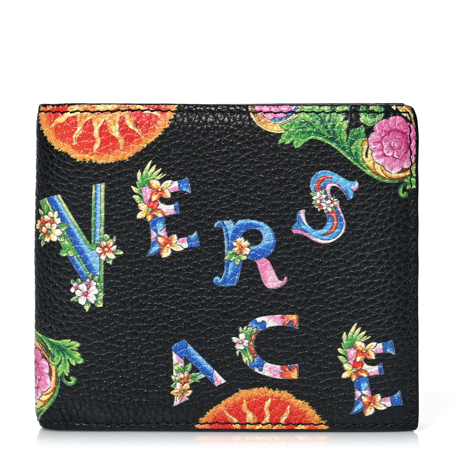 Versace Grained Calfskin Beverly Palm Print Bi-Fold Wallet Black Multicolor 1 of 7