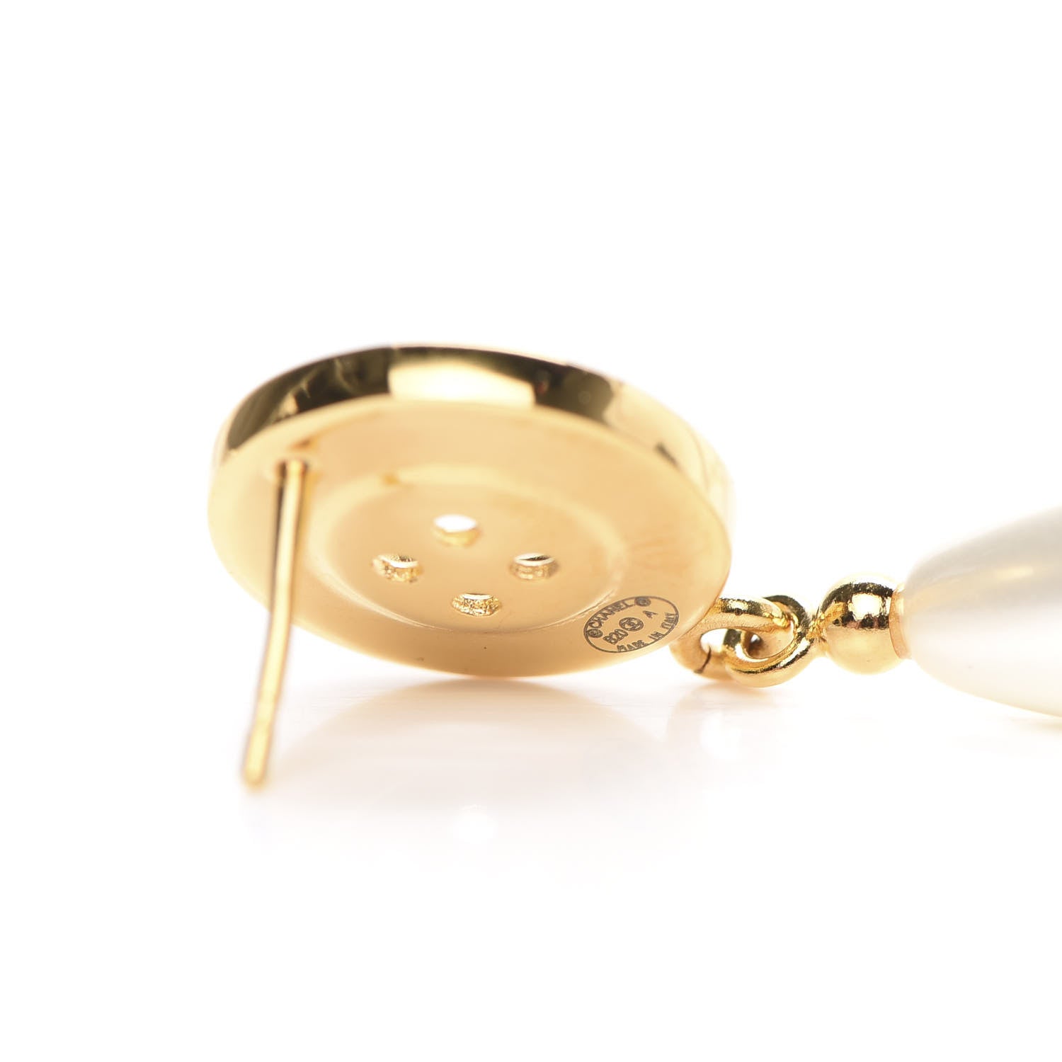 Chanel Metal Pearl Paris Button Drop Earrings Gold 4 of 6