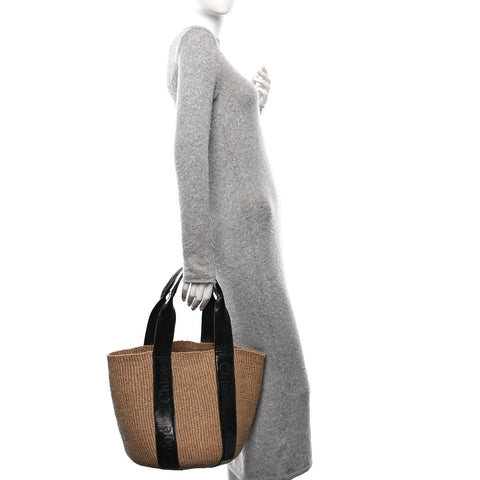 Raffia Calfskin Crocodile Embossed Large Woody Tote Black