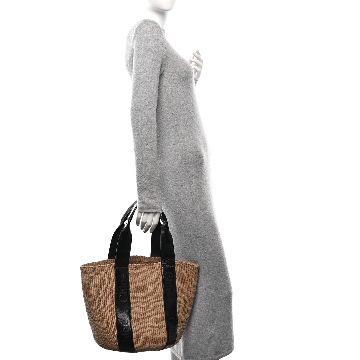 Raffia Calfskin Crocodile Embossed Large Woody Tote Black