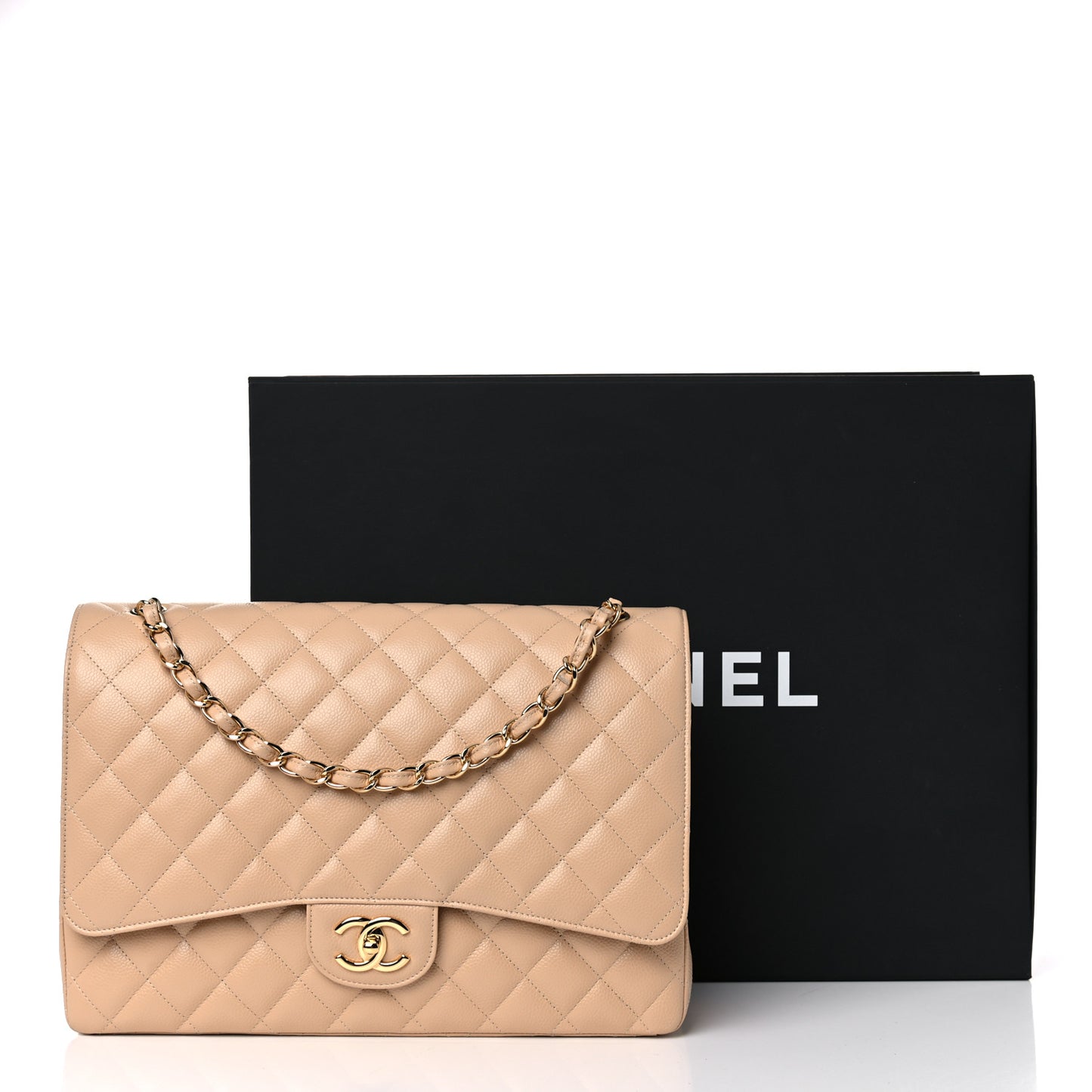 Caviar Quilted Maxi Double Flap Beige