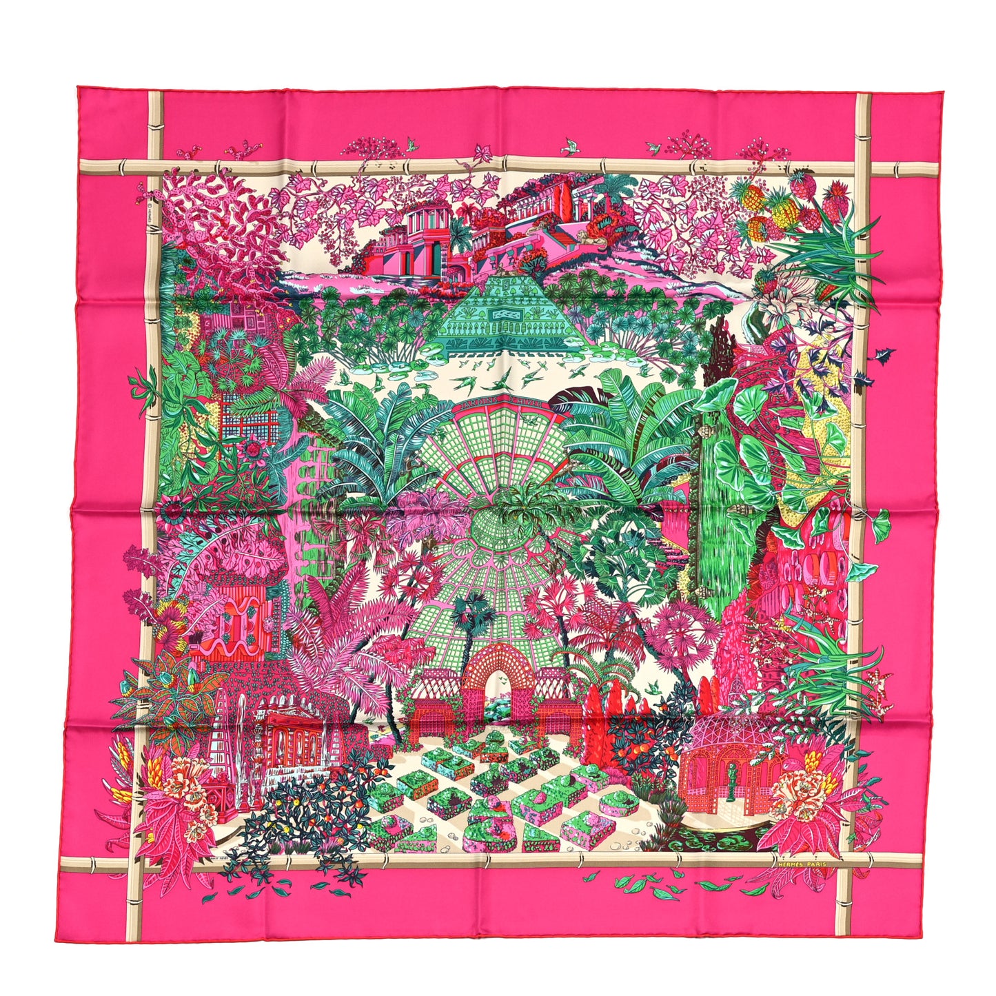 Silk Jardins D Hiver Scarf 90 Rose Vif Vert Creme