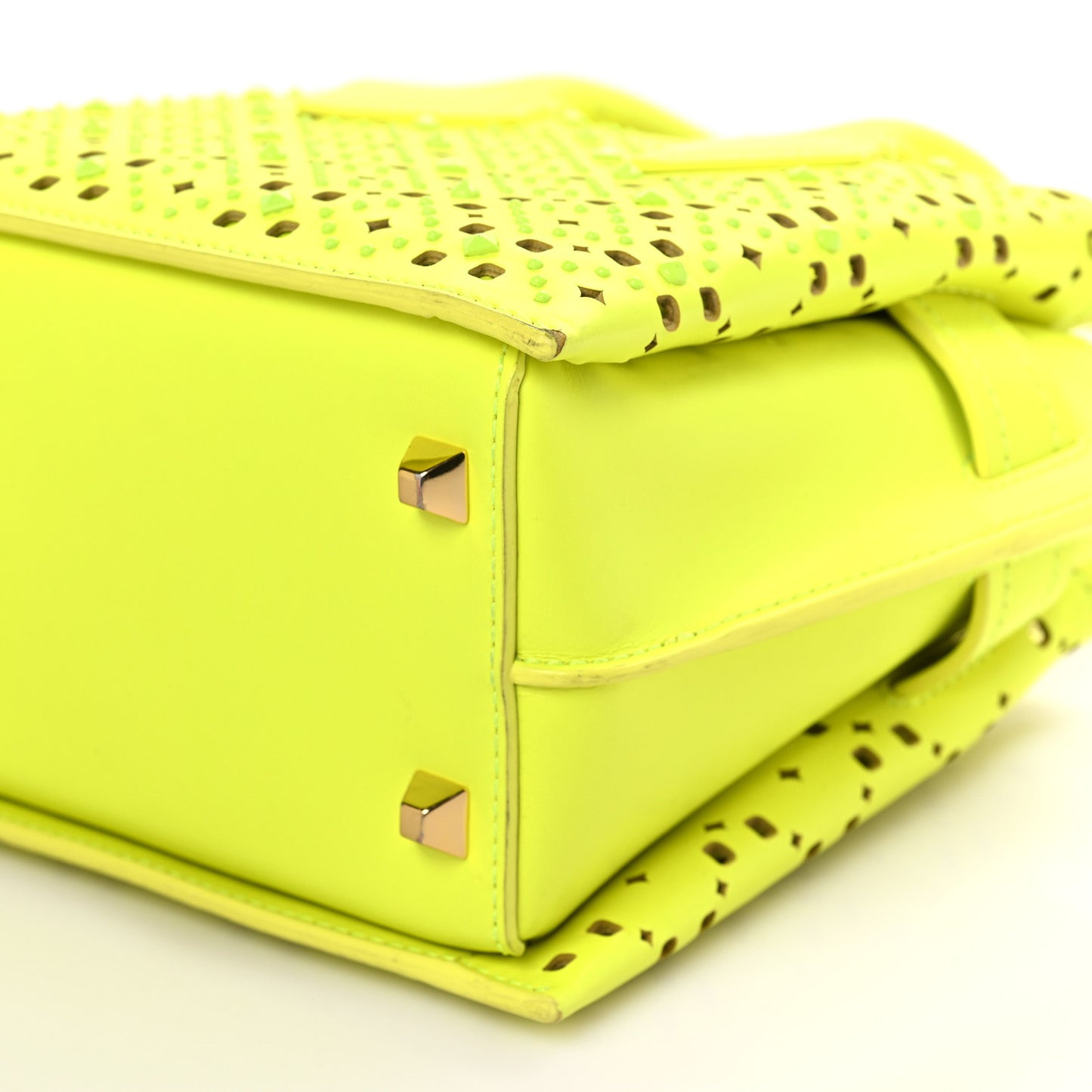 Perforated Calfskin Studded Mini Milla Tote Neon Yellow