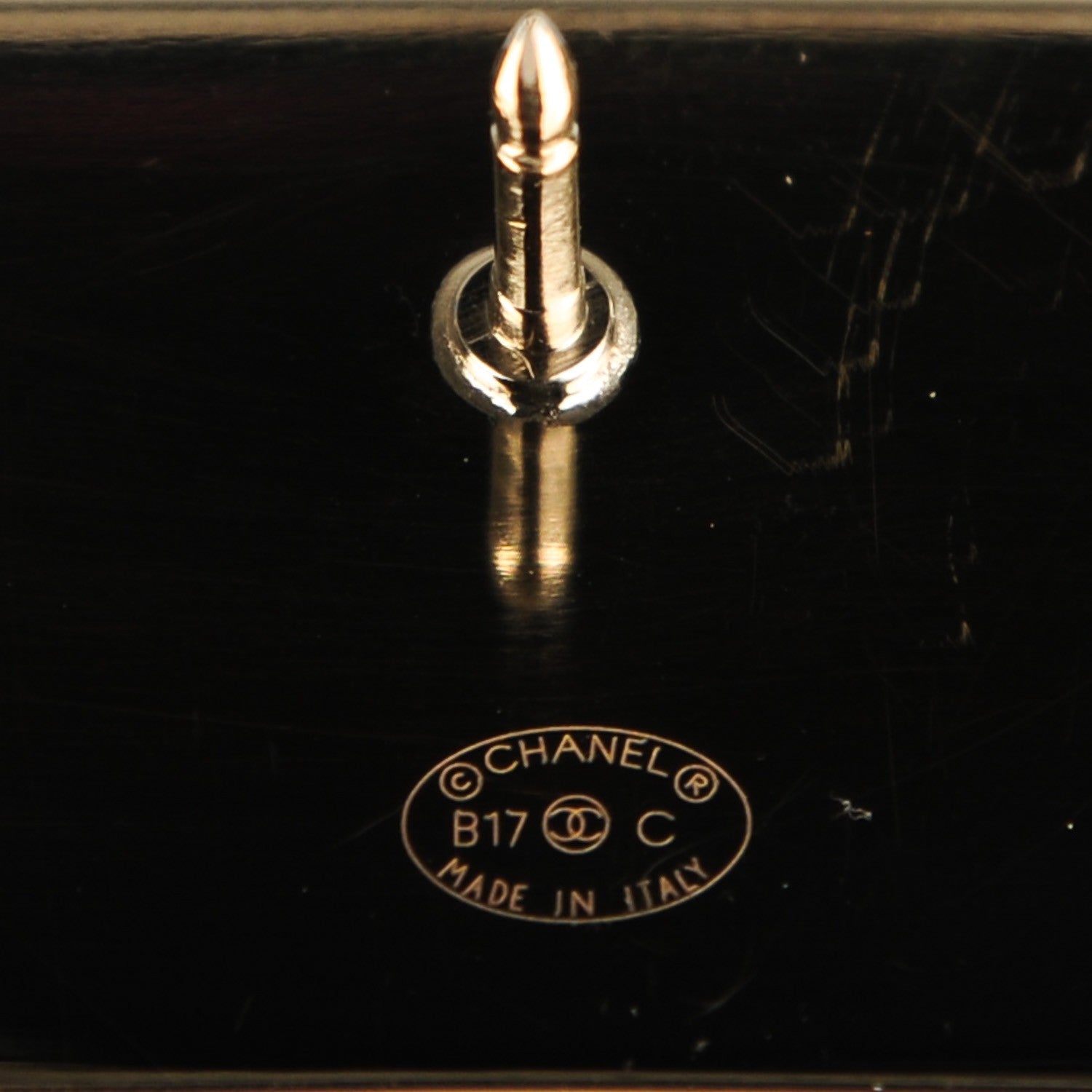 Chanel Metal Resin Pearl Coco License Plate Brooch Black Gold 4 of 5