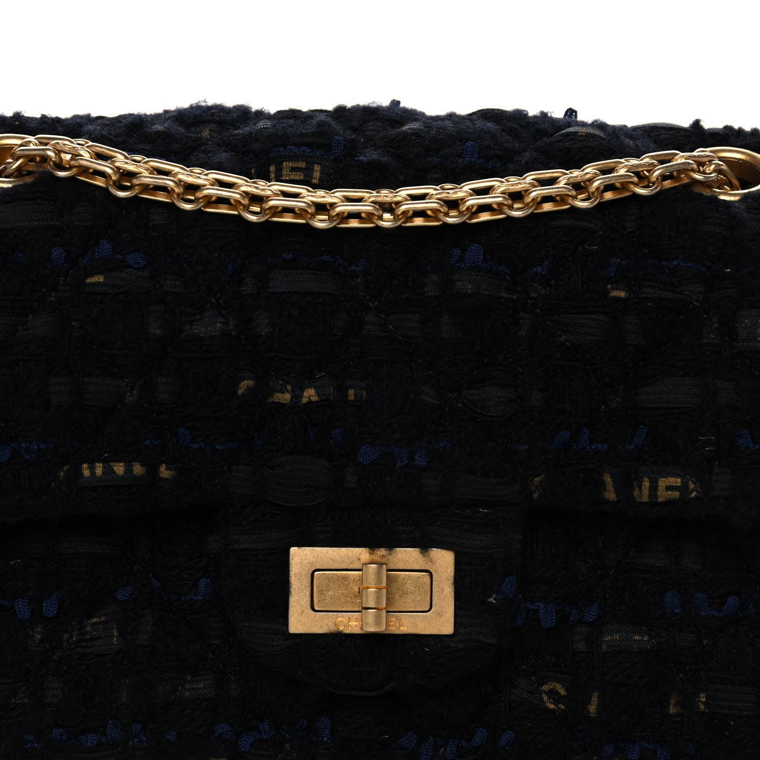Chanel Tweed Quilted Mini 2.55 Reissue Flap Black Gold Navy 8 of 13
