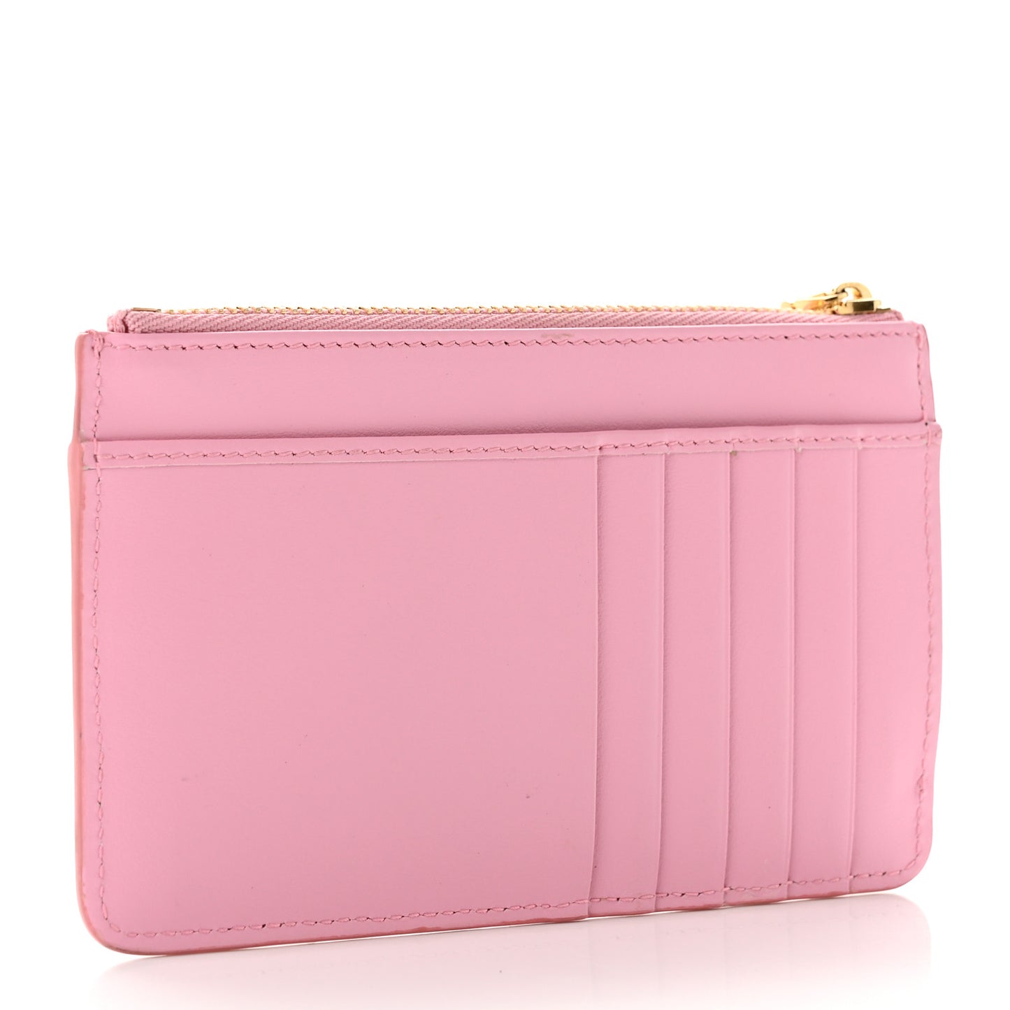 Calfskin Embellished Logo Zip Card Holder Pink
