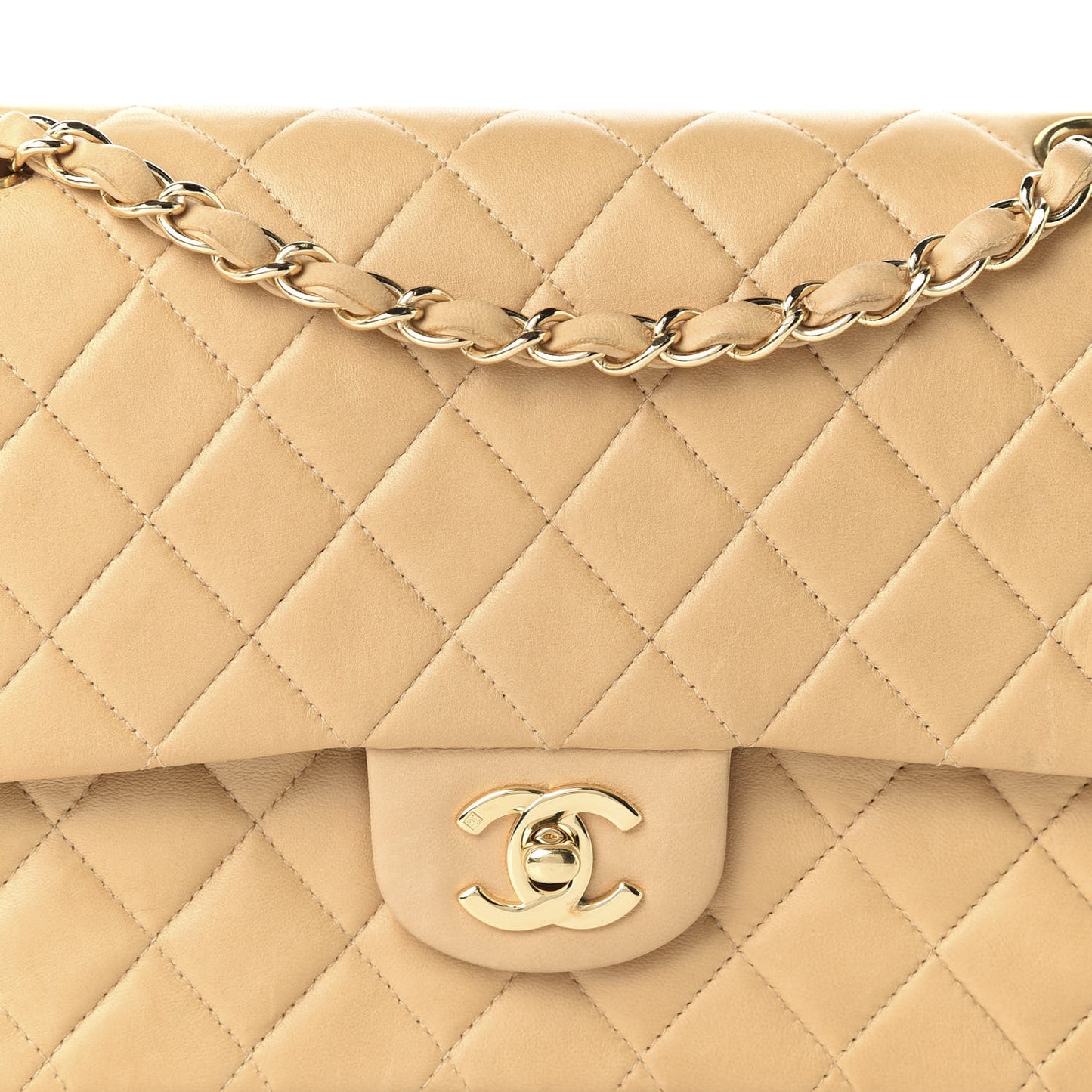 Lambskin Quilted Medium Double Flap Beige