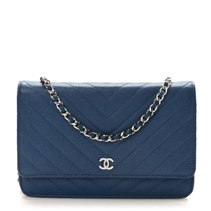 Chanel Caviar Chevron Quilted Wallet On Chain WOC Navy 1 of 10