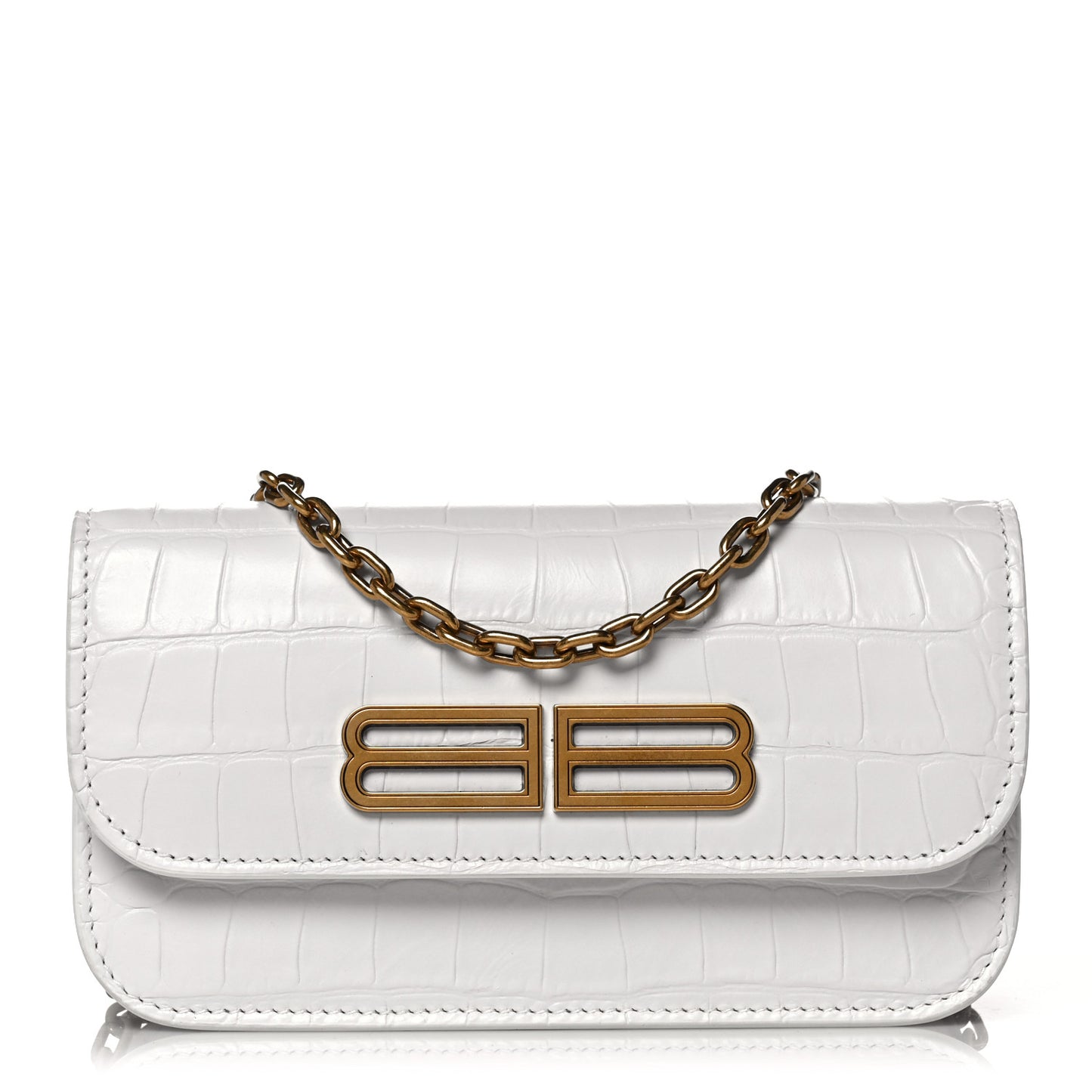 Extra Supple Calfskin Crocodile Embossed Gossip Wallet On Chain Optic White