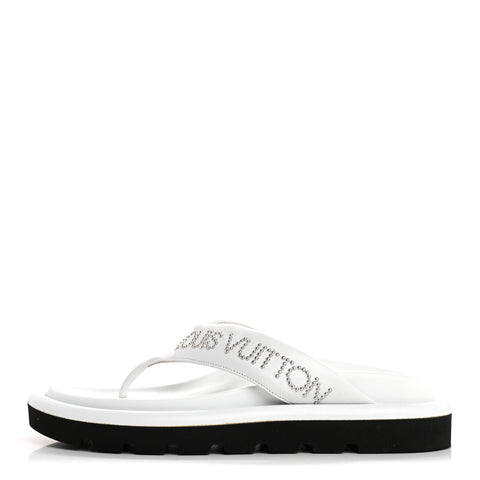 Calfskin Logo Studded Pillow Flat Thong Sandals 35 White