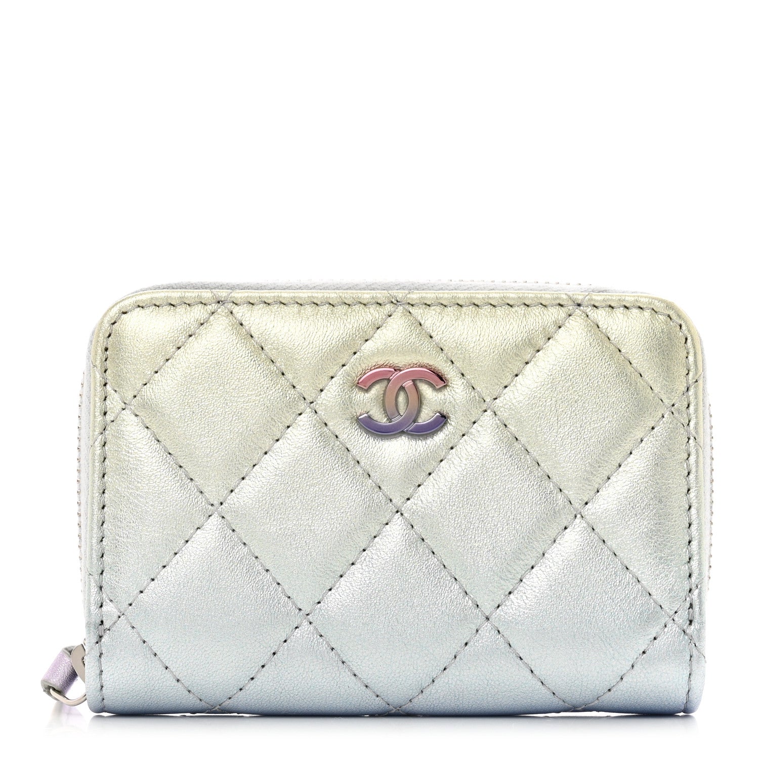 Chanel Gradient Metallic Calfskin Quilted Zip Around Coin Purse Wallet Silver Blue Yellow Purple 1 of 9