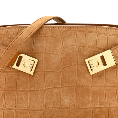 Salvatore Ferragamo Suede Alligator Embossed Mini Hug Crossbody Bag Natural Brown 8 of 10