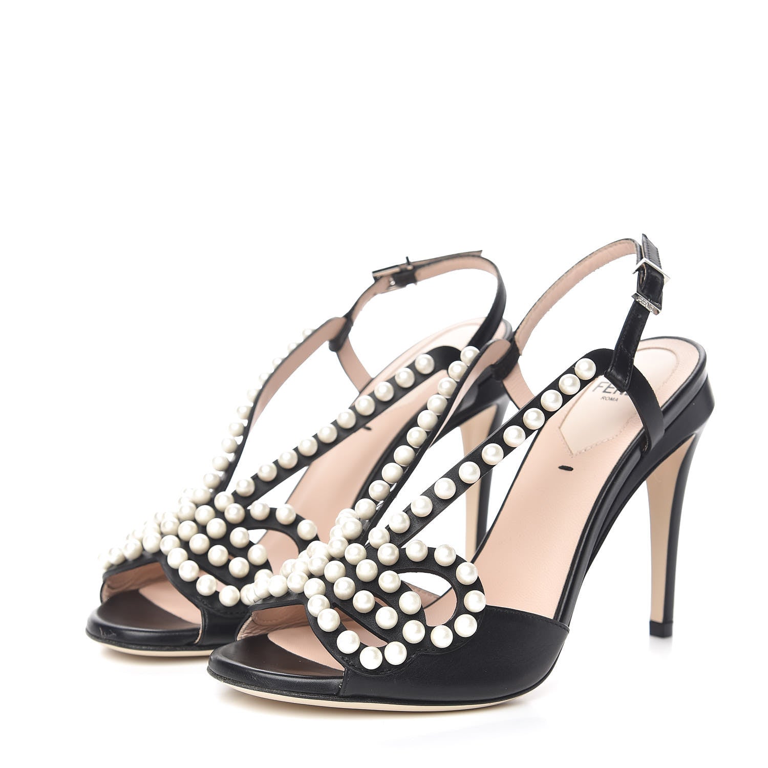 Fendi Calfskin Faux Pearl Embellished Bow Ankle Strap Heel 36 Black 4 of 9