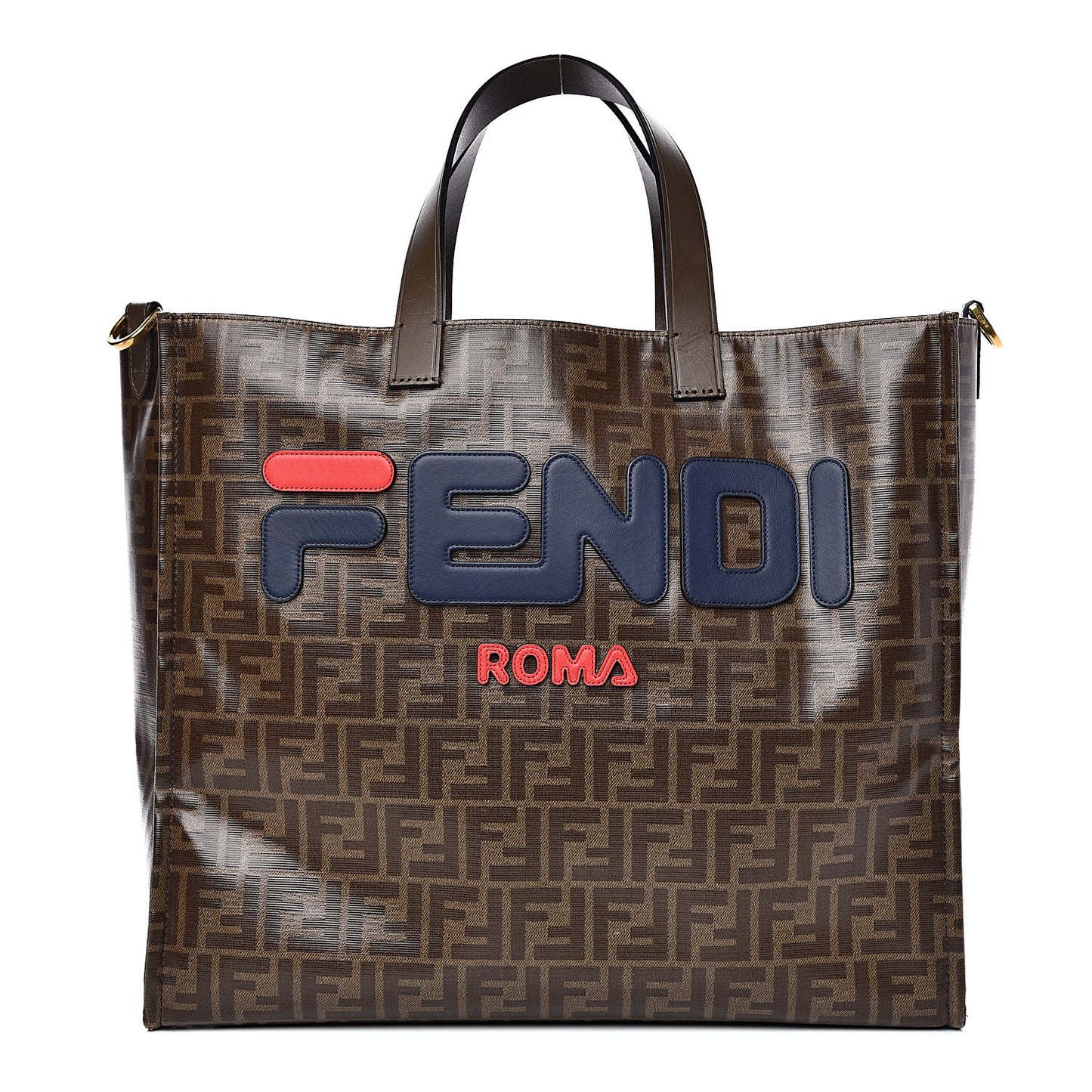 X FILA Glazed Fabric FF 1974 Mania Shopping Tote Bag Mogano Panna Blueberry