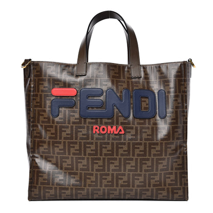 Fendi X FILA Glazed Fabric FF 1974 Mania Shopping Tote Bag Mogano Panna Blueberry 1 of 14