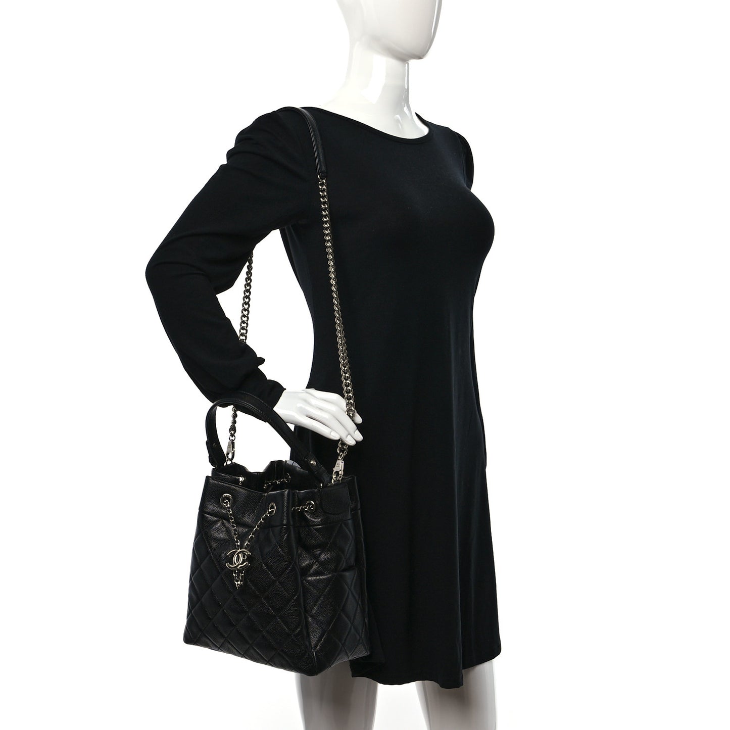 Caviar Flat Quilted CC Chain Bucket Drawstring Bag Black