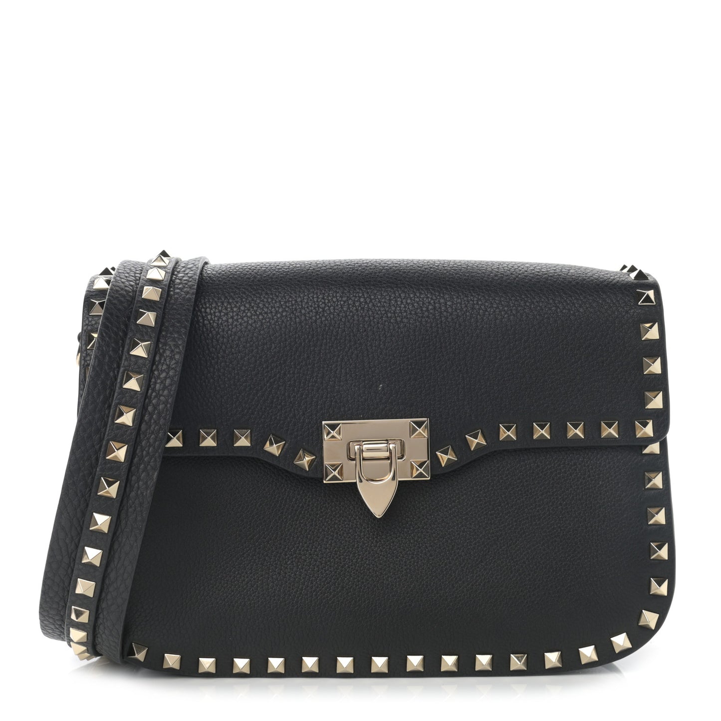 Pebbled Calfskin Medium Rockstud Flap Saddle Bag Black