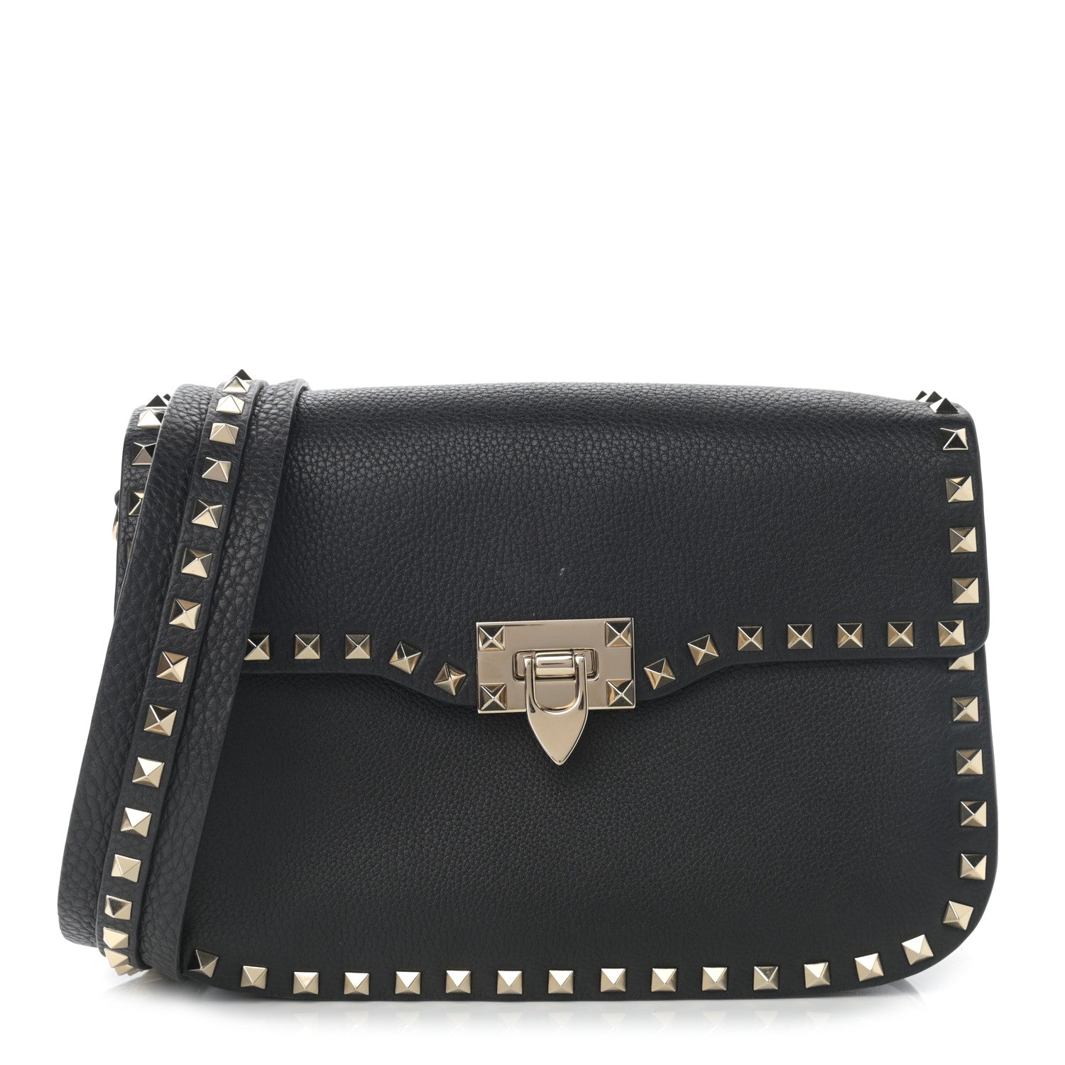 Valentino Garavani Pebbled Calfskin Medium Rockstud Flap Saddle Bag Black 1 of 12