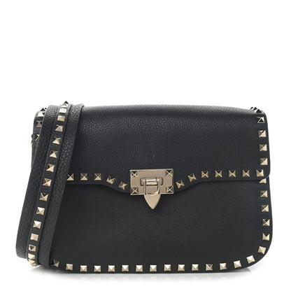 Valentino Garavani Pebbled Calfskin Medium Rockstud Flap Saddle Bag Black 1 of 12