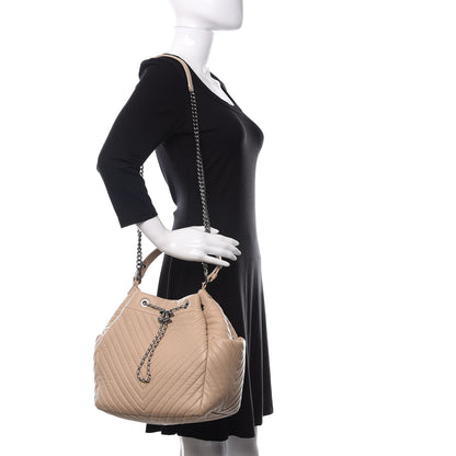 Chanel Deerskin Chevron Large CC Chain Bucket Drawstring Bag Beige 2 of 11