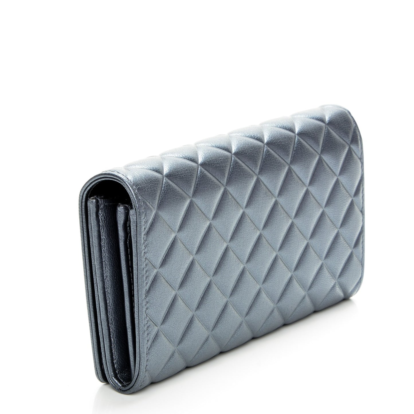 Calfskin Quilted Large Diamond CC Flap Wallet Dark Silver