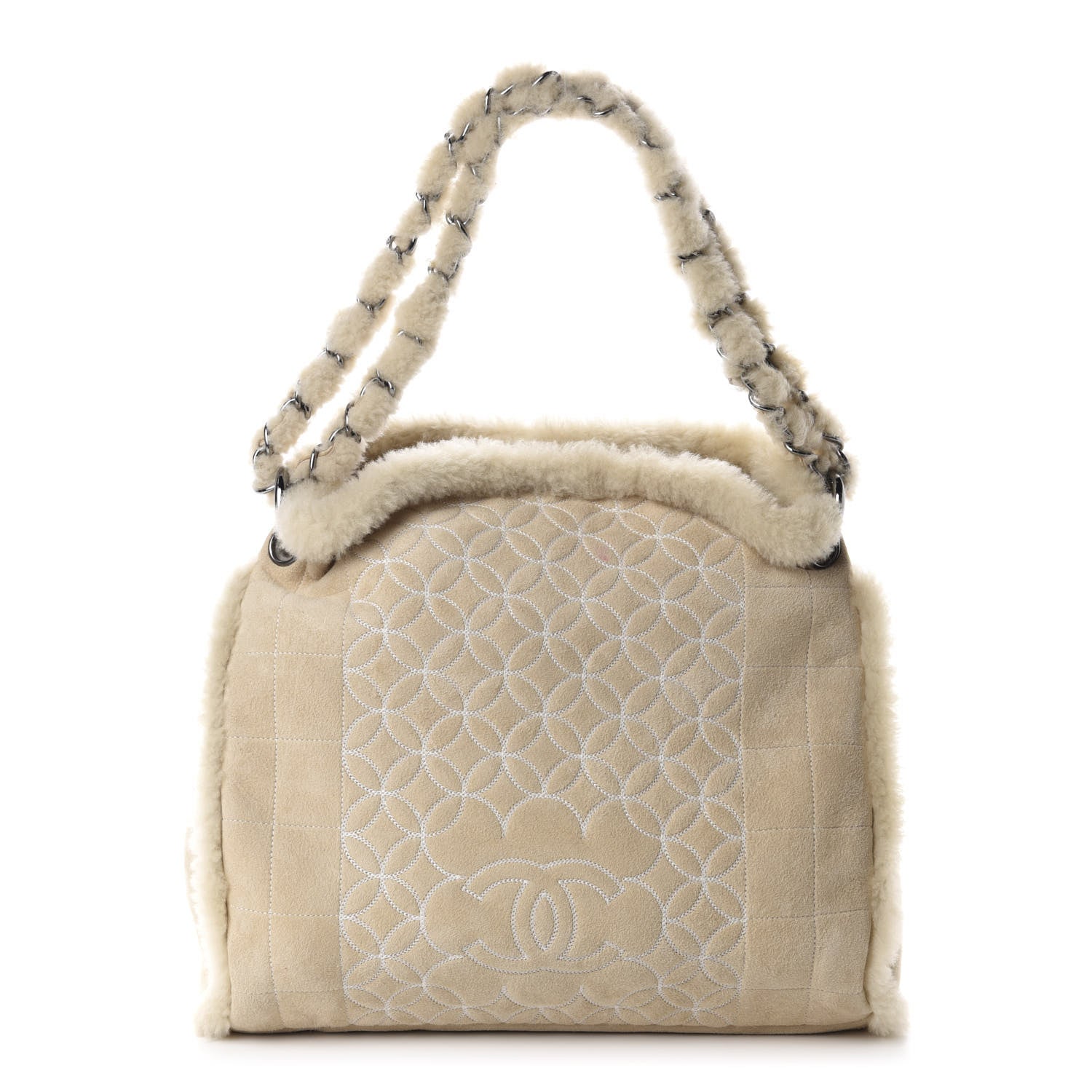 Chanel Shearling Suede Stitched CC Tote Light Beige 3 of 17