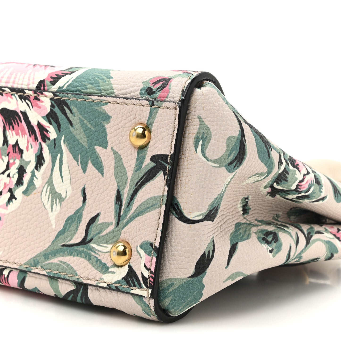 Soft Grain Calfskin Floral Print Medium Buckle Tote Natural Emerald Green