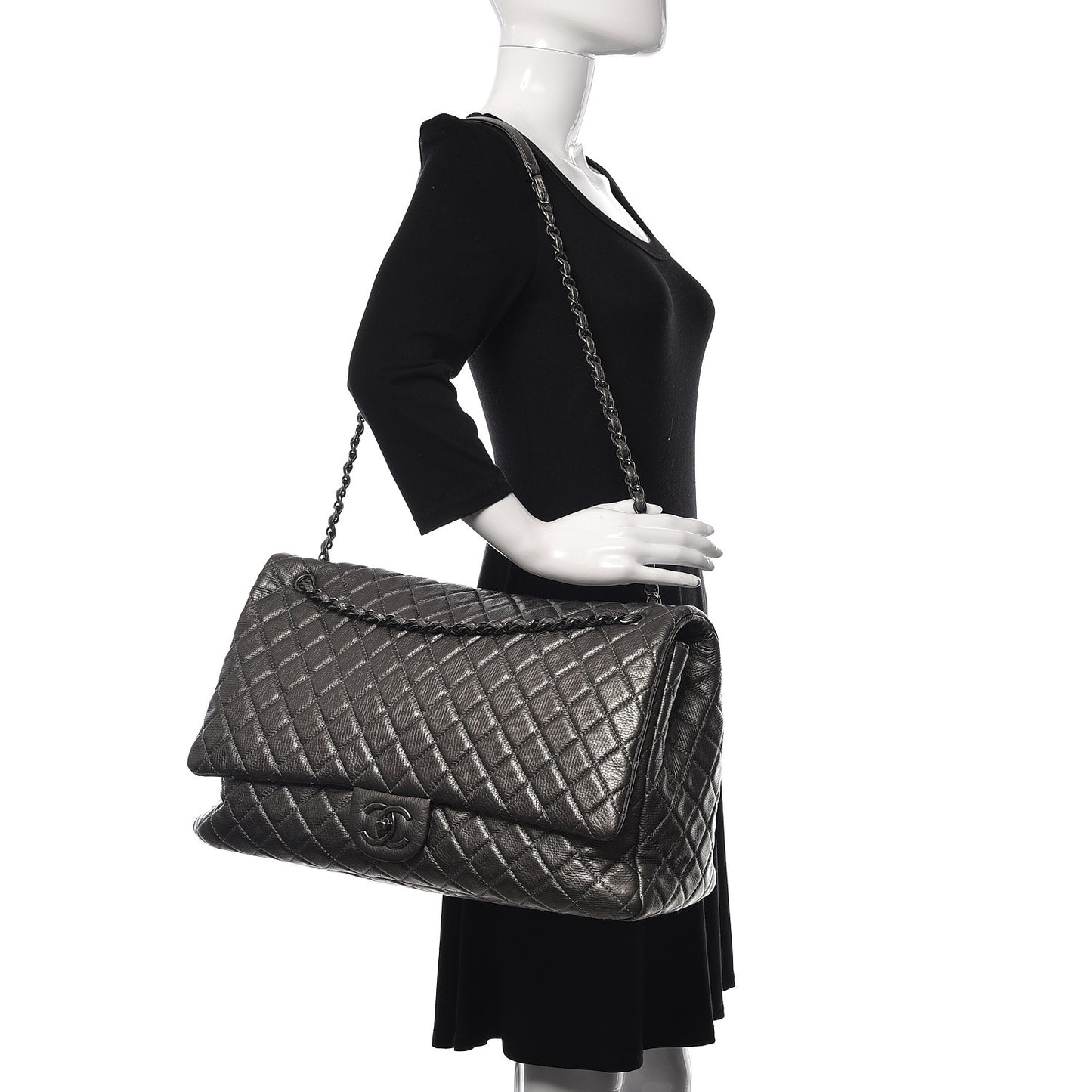 Metallic Calfskin Quilted XXL Travel Flap Bag Dark Silver