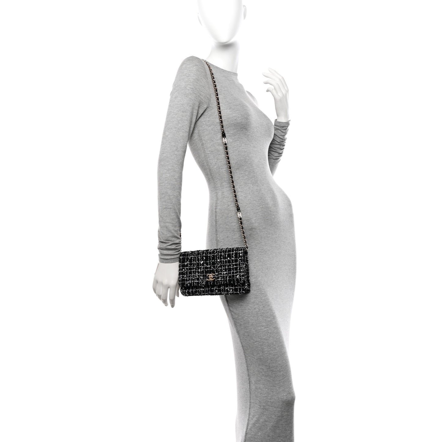 Tweed Sequin Quilted Wallet On Chain WOC Black White