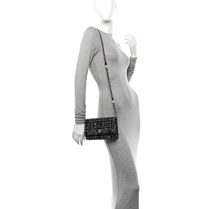 Chanel Tweed Sequin Quilted Wallet On Chain WOC Black White 3 of 10