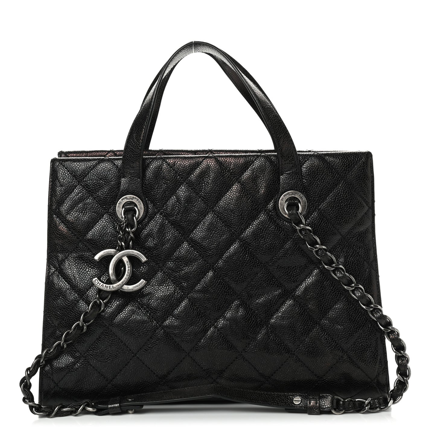 Crumpled Grained Calfskin Quilted CC Crave Tote Black