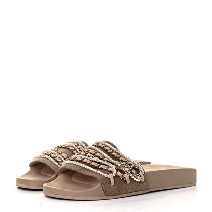 Chanel Felt Pearl Lambskin Chain Flat Sandals 37 Beige 3 of 8