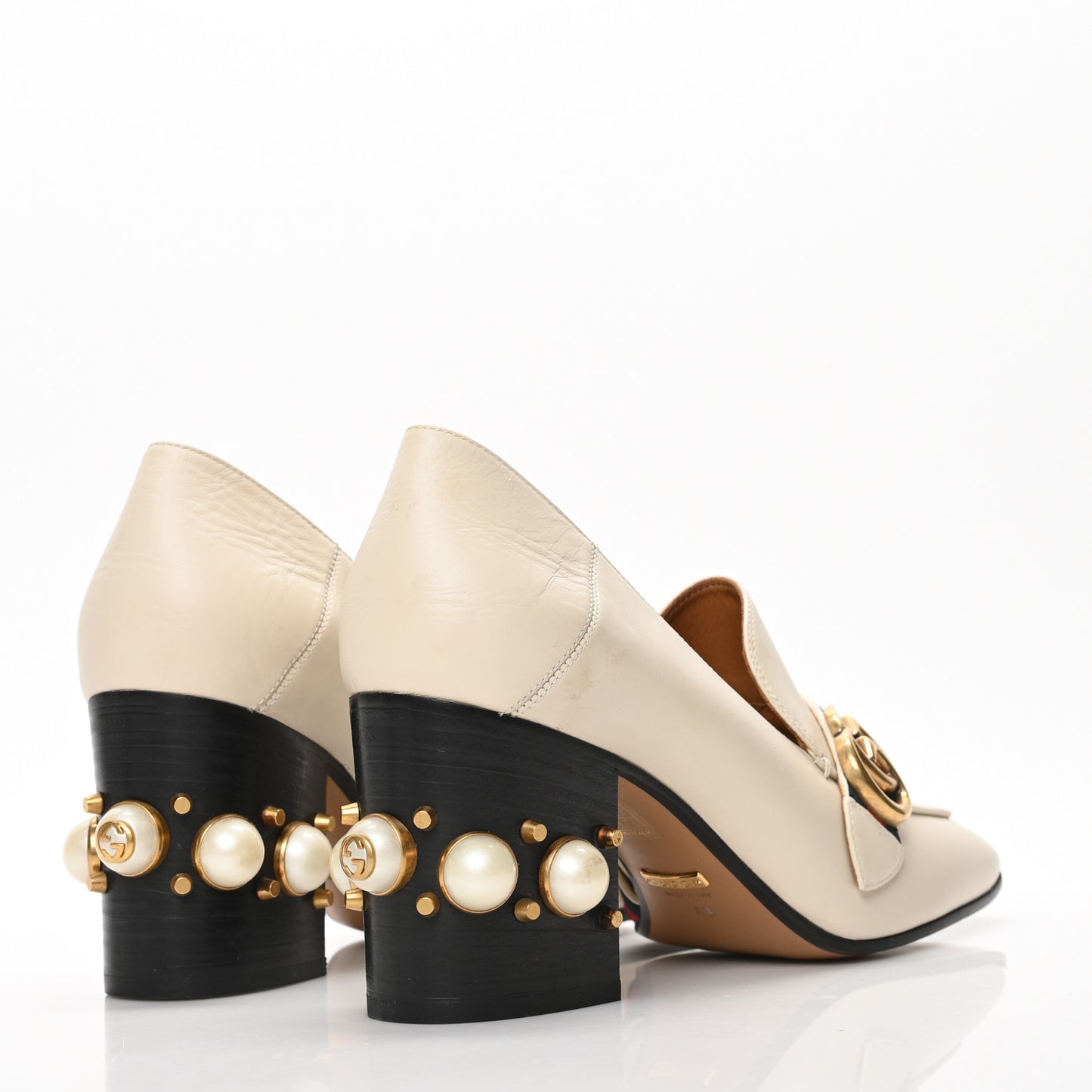 Betis Glamour Calfskin Web Pearl Embellished Peyton 75mm Loafer Pumps 40 Mystic White